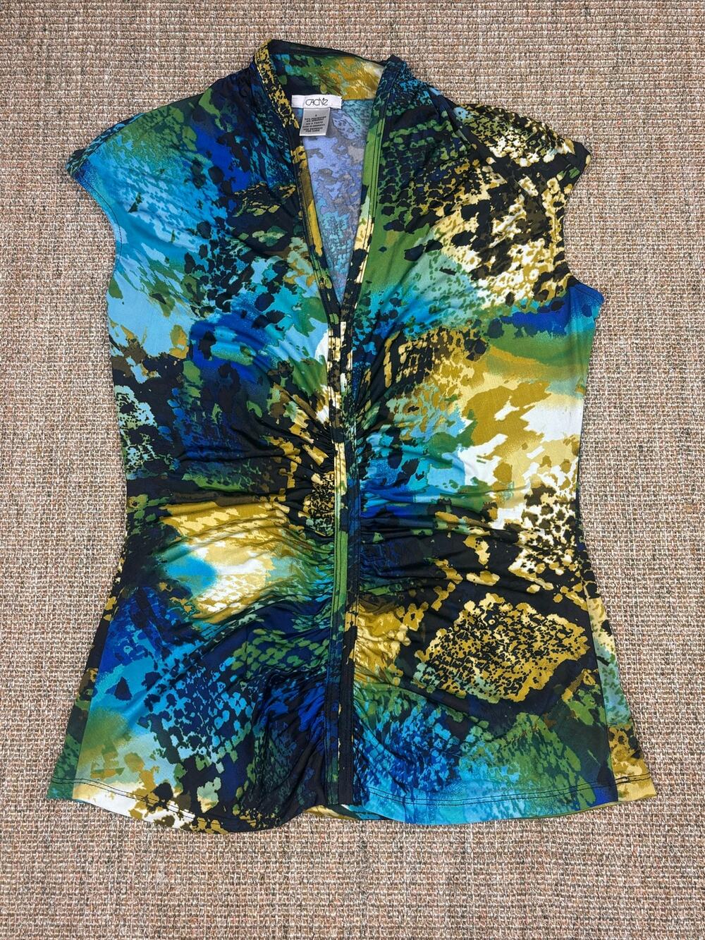 🌊 Cache Abstract Watercolor Zip Front Top | Size S | Blue/Green/Gold
